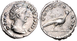 RÖMISCHES REICH, Faustina I., Gemahlin des Antoninus Pius, +141, AR Denar, Rom. Drap. Büste r., DIVA FAVSTINA. Rs.Pfau r. schreitend, sich umwendend, ...