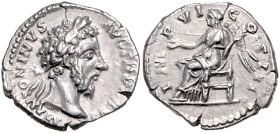 RÖMISCHES REICH, Marcus Aurelius, 161-180, AR Denar TRP XXVI =171, Rom. Belorb. Büste r. Rs.Viktoria thronend l., hält Patera und Palmzweig. 2,81g.
v...