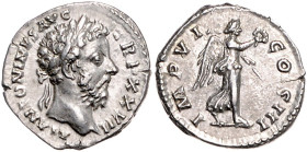 RÖMISCHES REICH, Marcus Aurelius, 161-180, AR Denar TRP XXVII =172, Rom. Belorb. Büste r., M ANTONINVS AVG TR P XXXVII. Rs.Victoria r. schreitend, mit...
