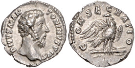 RÖMISCHES REICH, Marcus Aurelius, 161-180, AR Denar, Rom, unter Commodus. Bloßer Kopf r., DIVVS M AA-TONINVS PIVS. Rs.Adler auf Blitzbündel CONSECRATI...