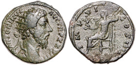 RÖMISCHES REICH, Marcus Aurelius, 161-180, AE Dupondius TRP XXVII=173, Rom. Büste r. mit Strahlenkrone. Rs.Jupiter l. sitzend, hält Victoria und Zepte...