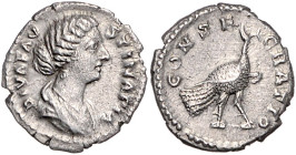 RÖMISCHES REICH, Faustina II., Gemahlin des Marcus Aurelius, +175, AR Denar (posthum, 176-180). Drap. Büste n.r., DIVA FAVSTINA PIA. Rs.Pfau n.r., CON...