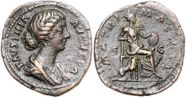 RÖMISCHES REICH, Faustina II., Gemahlin des Marcus Aurelius, +175, AE Sesterz, Rom. Drap. Büste r. Rs.Kybele r. sitz. mit Trommel zwischen zwei Löwen....