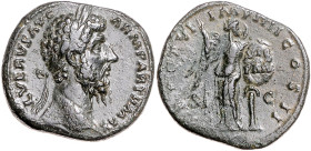 RÖMISCHES REICH, Lucius Verus, 161-169, AE Sesterz TRP VI = 165, Rom. Belorb. Büste. Rs.Victoria vor Schild mit VIC PAR auf Palme. 23,80g. Ex Salton, ...