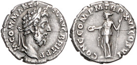 RÖMISCHES REICH, Commodus, 177-192, AR Denar (180-192), Rom. Belorb. Kopf r., M COMM ANT P FEL AVG BRIT PP. Rs.Concordia l. stehend, hält Patera und Z...