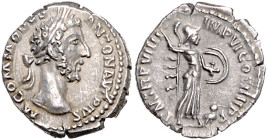 RÖMISCHES REICH, Commodus, 177-192, AR Denar TRP VIIII =183-184, Rom. Belorb. Büste r. Rs.Minerva mit Speer und Schild n.r.schreitend, Eule zu Füßen. ...