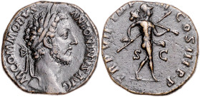 RÖMISCHES REICH, Commodus, 177-192, AE Sesterz TRP VI COS III =181, Rom. Belorb. Büste r. Rs.Mars r. schreitend, hält Trophäe und Lanze. 24,86g. Ex Sa...