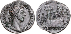 RÖMISCHES REICH, Commodus, 177-192, AE Sesterz (181), Rom. Belorb. Büste r., M COMMODVS ANTONINVS AVG. Rs.Kaiser auf Podium l. sitzend, dah. Soldat, d...