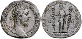 RÖMISCHES REICH, Commodus, 177-192, AE Sesterz COS V =186-189, Rom. Belorb. Kopf r. Rs.Concordia l. stehend, hält zwei Standarten. 27,00g. Ex Salton, ...