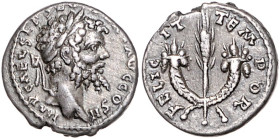 RÖMISCHES REICH, Septimius Severus, 193-211, AR Denar 194-195, Rom. Belorb.Kopf r. Rs.Kornähre zwischen zwei Cornucopiae. 3,32g.
ss-vz
RIC 373