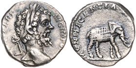 RÖMISCHES REICH, Septimius Severus, 193-211, AR Denar IMP VIIII=197-198, Rom. Belorb.Kopf r., L SEP SEV PERT AVG IMP VIIII. Rs.Elefant r., MVNIFICENTI...
