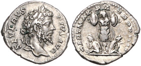 RÖMISCHES REICH, Septimius Severus, 193-211, AR Denar (201), Rom. Belorb. Büste r., SEVERVS PIVS AVG. Rs.Tropaeum zw. 2 Gefangenen, PART MAX PM TRP VI...