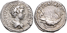RÖMISCHES REICH, Caracalla, 198-217, AR Denar (201-206), Rom. Belorb. und drap. Büste r., ANTONINVS PIVS AVG. Rs.Galeere l., ADVENT AVG[G]. 2,55g.
ss...