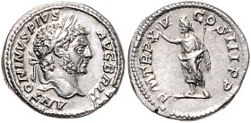 RÖMISCHES REICH, Caracalla, 198-217, AR Denar (212), Rom. Belorb. Kopf r., ANTONINVS PIVS AVG BRIT. Rs.Serapis l. stehend, r. Hand erhoben, PM TRP XV ...