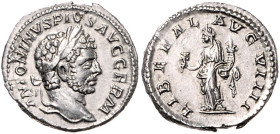 RÖMISCHES REICH, Caracalla, 198-217, AR Denar (213-214), Rom. ANTONINVS PIVS AVG GERM. Belorb. Kopf r. Rs. LIBERALITAS AVG VIIII. Stehende Liberalitas...