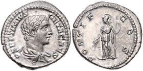 RÖMISCHES REICH, Geta als Caesar, 198-209, AR Denar (203-208), Rom. Drap. Büste r. Rs.Minerva mit Schild und Speer. 3,77g. Ex Salton, erworben 24.06.2...