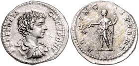 RÖMISCHES REICH, Geta als Caesar, 198-209, AR Denar (200-202), Rom. Drap. u. gepanz.Büste r. Rs.Geta steht l., hält Speer und Zweig, PRINZ IVVENT. 2,7...