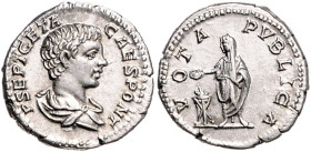 RÖMISCHES REICH, Geta als Caesar, 198-209, AR Denar (200-202), Rom. Drap. Büste r. Rs.Verschleierter Prinz opfert mit Patera über Altar. 3,27g.
vz
R...