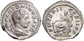 RÖMISCHES REICH, Elagabal, 218-222, AR Denar (219), Rom. Belorb. Büste r. Rs.Fortuna sitzend l., mit Ruder auf Globus und Füllhorn in der Linken. 3,50...