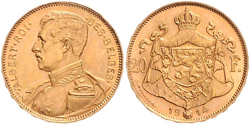 BELGISCHES KÖNIGREICH, Albert I., 1909-1934, 20 Francs 1914. Des Belges. 6,46g....