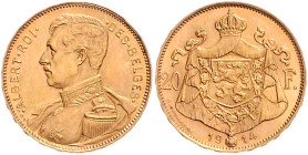 BELGISCHES KÖNIGREICH, Albert I., 1909-1934, 20 Francs 1914. Des Belges. 6,46g.
GOLD, vz
KM 78; Frbg.421