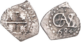 BOLIVIEN, Karl II., 1665-1700, 1/2 Real 1684, Potosi/Lima. 1,32g.
f.ss
KM 22; C.-C.6464f