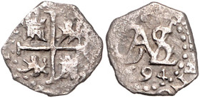 BOLIVIEN, Karl II., 1665-1700, 1/2 Real 1694, Potosi/Lima. 1,43g.
f.ss
KM 22; C.-C.6487f