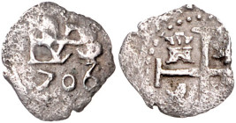 BOLIVIEN, Philipp V., 1700-1724 u. 1724-1746, 1/2 Real 1706, Potosi/Lima. 0,71g (=1/4 Real?).
s
KM 27; C.-C.7307f