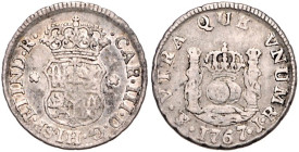 BOLIVIEN, Karl III., 1759-1788, 1/2 Real 1767 PTS J.R, Potosi. 1,64g.
selten, ss/f.ss
KM 46; C.-C.9890 var.