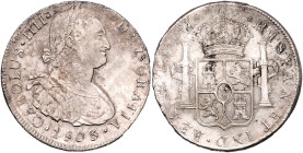 BOLIVIEN, Karl IV., 1788-1808, 8 Reales 1803 PTS PJ, Potosi. 26,06g. Erworben 10/04/87.
Doppelschlag, ss-vz/vz
KM 73; C.-C.12575