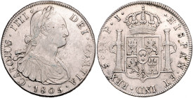 BOLIVIEN, Karl IV., 1788-1808, 8 Reales 1805 PTS PJ, Potosi. 26,85g. Erworben 10/04/87.
ss-vz
KM 73; C.-C.12589