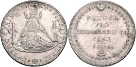 BOLIVIEN, Ferdinand VII., 1808-1825, Silbermed. 1808 a.d. Proklamation des Königs in Potosi. Bergwerkszene zw. Säulen. Rs.5 Zeilen Schrift. 40mm; 27,0...