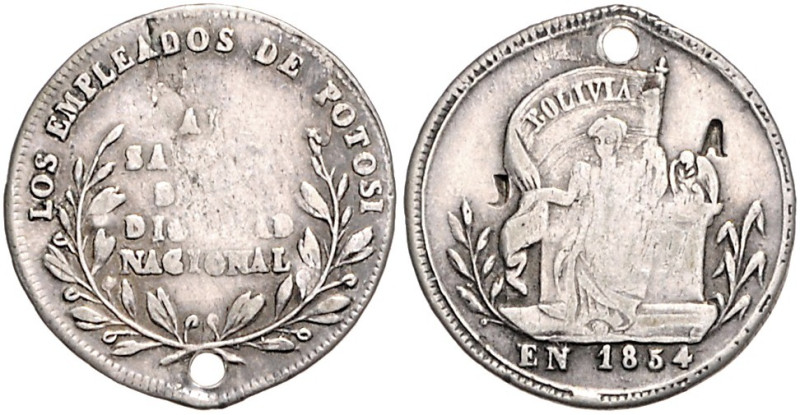 BOLIVIEN, Republik, seit 1825, Silbermed. zu 1 Sol 1854. Bolivia frontal sitzend...