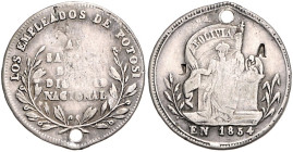 BOLIVIEN, Republik, seit 1825, Silbermed. zu 1 Sol 1854. Bolivia frontal sitzend, hält Banner, dah. Condor auf Altar. Rs.LOS EMPLEADOS DE POTOSI unmla...