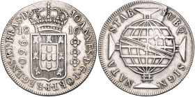 BRASILIEN, Johannes, Prinzregent, 1805-1818, 960 Reis 1810 B, Bahia. Überprägungsspuren. 26,64g.
ss
KM 307.1