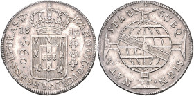 BRASILIEN, Johannes, Prinzregent, 1805-1818, 960 Reis 1812 B, Bahia. Überprägungsspuren. 26,88g.
ss
KM 307.1