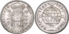 BRASILIEN, Johannes, Prinzregent, 1805-1818, 960 Reis 1813 B, Bahia. Überprägungsreste. 26,91g.
ss
KM 307.1