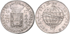 BRASILIEN, Johannes, Prinzregent, 1805-1818, 960 Reis 1817 B, Bahia. Überprägt PERU(?), 8 Reales. 26,57g.
ss
KM 307.1