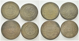 BRASILIEN, Pedro I., 1822-1831, 80 Reis 1824 R. 24,13g, 1829 R. 30,31g, 1830. 27,24g, 40 Reis 1824 R. 14,73g.
4 Stk., ss
KM 366.1; 363.1