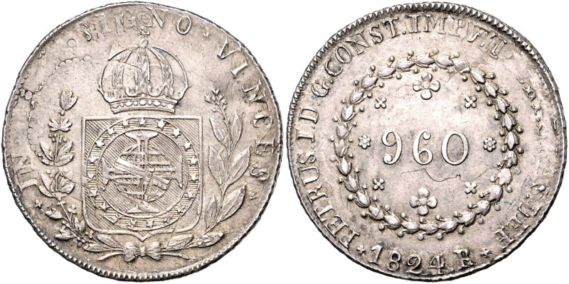 BRASILIEN, Pedro I., 1822-1831, 960 Reis 1824 R, Rio de Janeiro. Überprägungsspu...