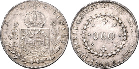 BRASILIEN, Pedro I., 1822-1831, 960 Reis 1824 R, Rio de Janeiro. Überprägungsspuren auf Bolivien, 8 Reales 1822 PJ. 26,97g.
ss/vz
KM 368.1