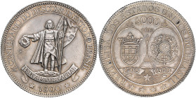 BRASILIEN, Republik seit 1889, 4000 Reis 1900. 400 Jahre Entdeckung durch Cabral. 16 Strahlen. 50,60g.
kl.Rdf., vz
KM 502.1