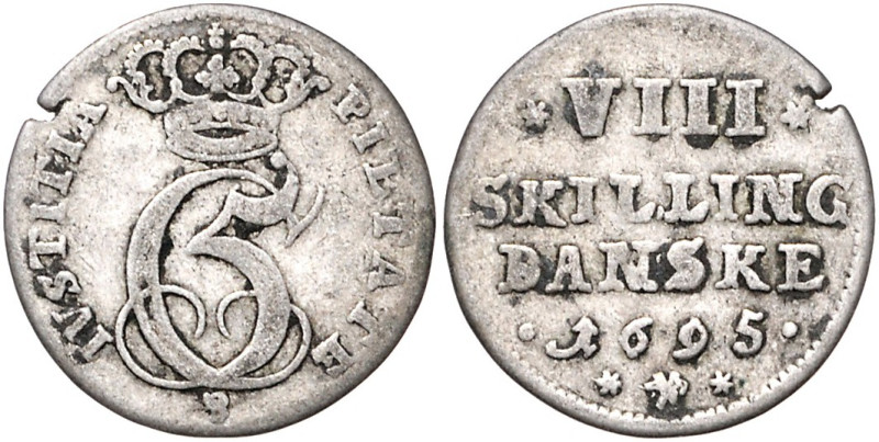 DÄNEMARK, Christian V., 1670-1699, 8 Skilling 1695, Glückstadt. 2,69g.
f.ss
He...