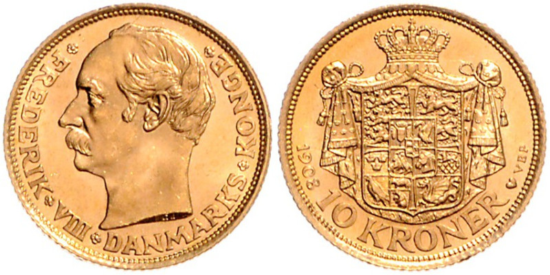 DÄNEMARK, Frederik VIII., 1906-1912, 10 Kronen 1908 VBP, 4,48g.
GOLD, st
KM 80...