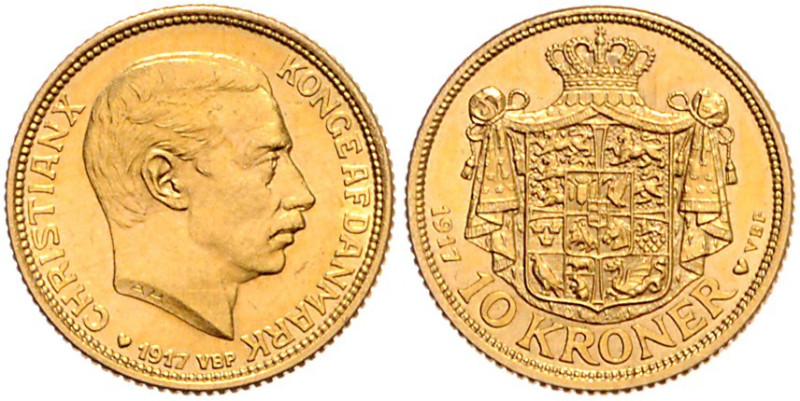 DÄNEMARK, Christian X., 1912-1947, 10 Kronen 1917 VBP, Kopenhagen.
GOLD, vz
KM...