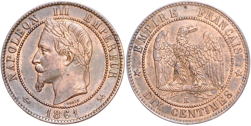 FRANKREICH, Napoleon III., 1852-1870, 10 Centimes 1861 K, Bordeaux.
vz
KM 798....