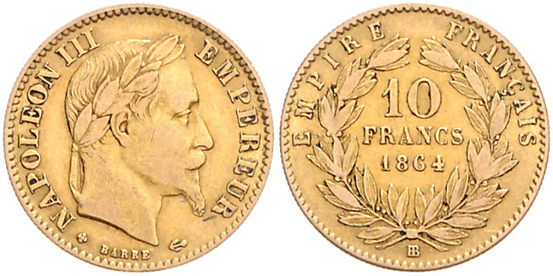 FRANKREICH, Napoleon III., 1852-1870, 10 Francs 1864 BB. 3,21g.
Ware ist MwSt-b...