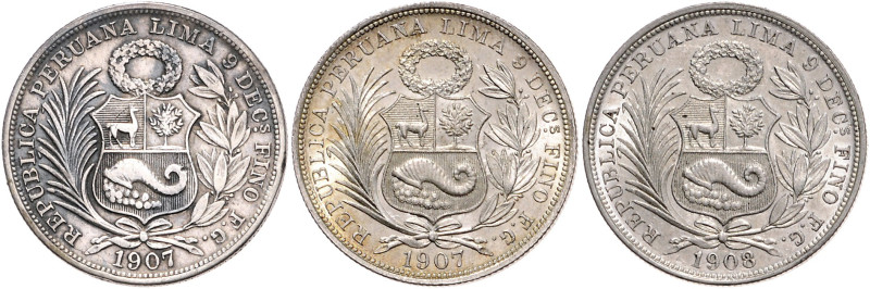 PERU, Republik, seit 1821, 1/2 Sol 1907 FG(2), 1908 FG, Lima. Je ca.12,4g.
3 St...