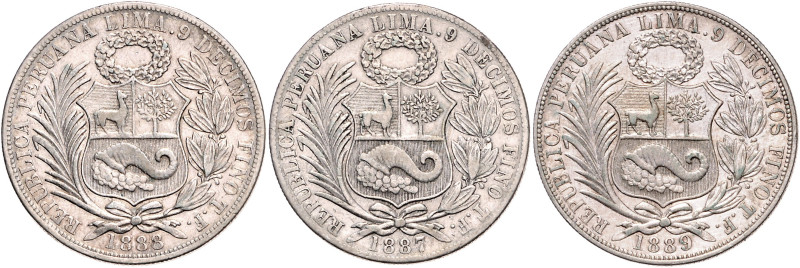 PERU, Republik, seit 1821, Sol 1887 TF, 1888 TF, 1889 TF, Santiago. Je ca.24,8g....