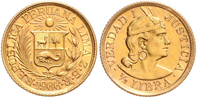 PERU, Republik, seit 1821, 1/2 Libra (Pound) 1966 ZBR, Lima. Indianerkopf. 3,98g...